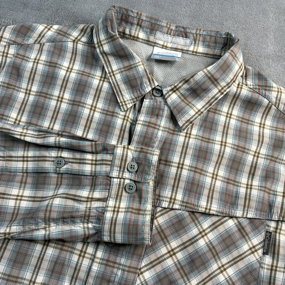 Columbia Size Lg Insect Blocker Plaid Long Sleeve Button Up Shirt Men's Blue